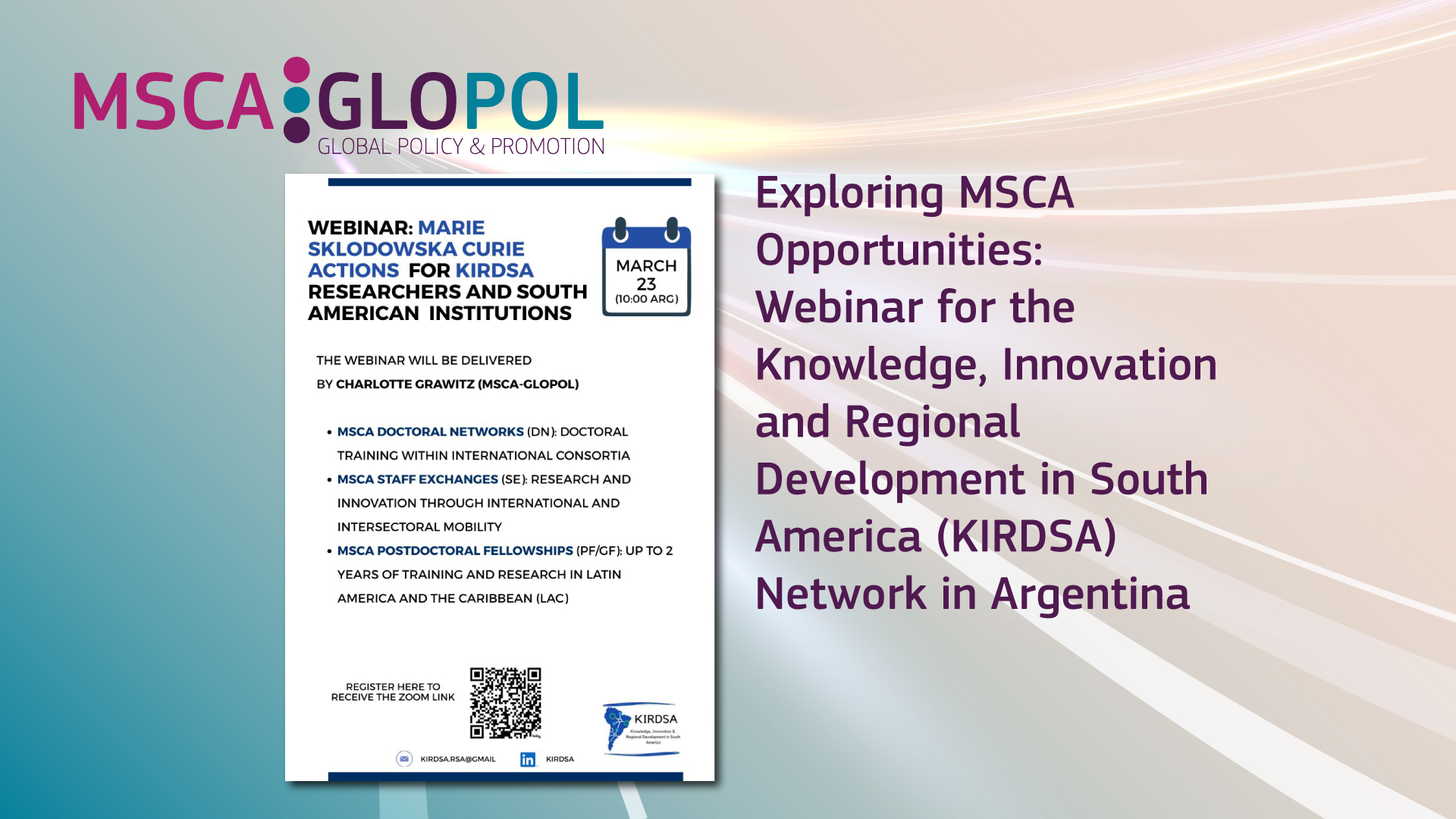 Exploring MSCA Opportunities: Webinar for the Knowledge, Innovation and Regional Development in South America (KIRDSA) Network in Argentina